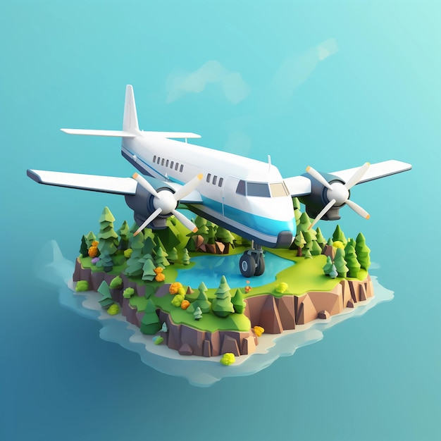 Rendered isometric illustration on the theme of aircraft pixelated fresh colors 3D with focus on