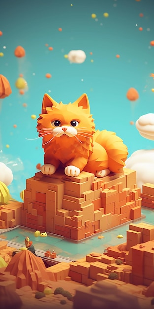 Rendered isometric illustration on the theme of big orange cat