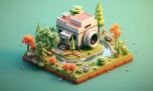 Rendered isometric illustration on the theme of camera pixelated fresh colors 3d with focus on th