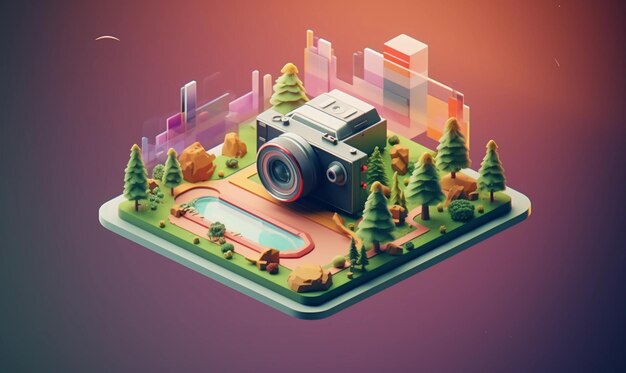 Rendered isometric illustration on the theme of future camera pixelated fresh colors 3D with focu