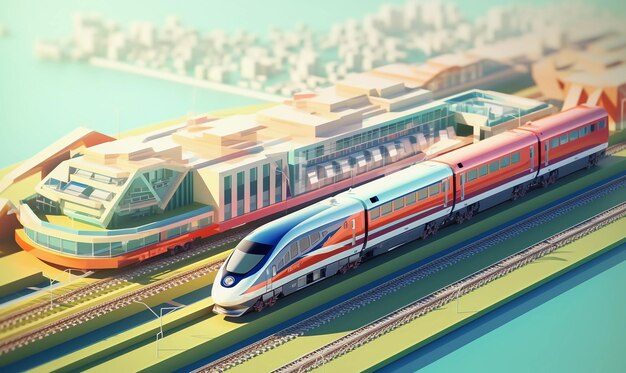 Rendered isometric illustration on the theme of high speed rail pixelated fresh colors 3D with fo