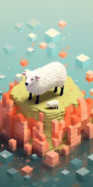 Rendered isometric illustration on the theme of sheep