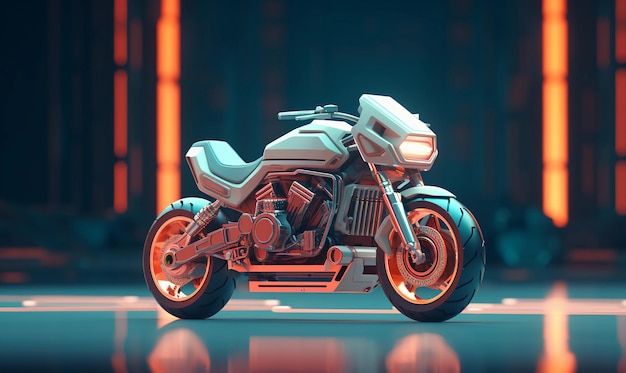 Rendered isometric illustration on the theme of super scifi motorcycle pixelated fresh colors 3d