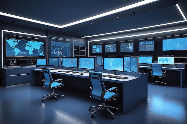 Rendered modern command center in blue colors