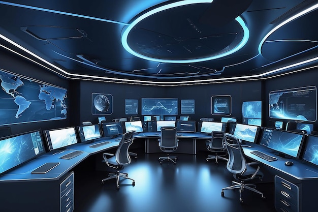 Rendered modern command center in blue colors