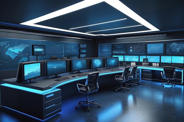 Rendered modern command center in blue colors