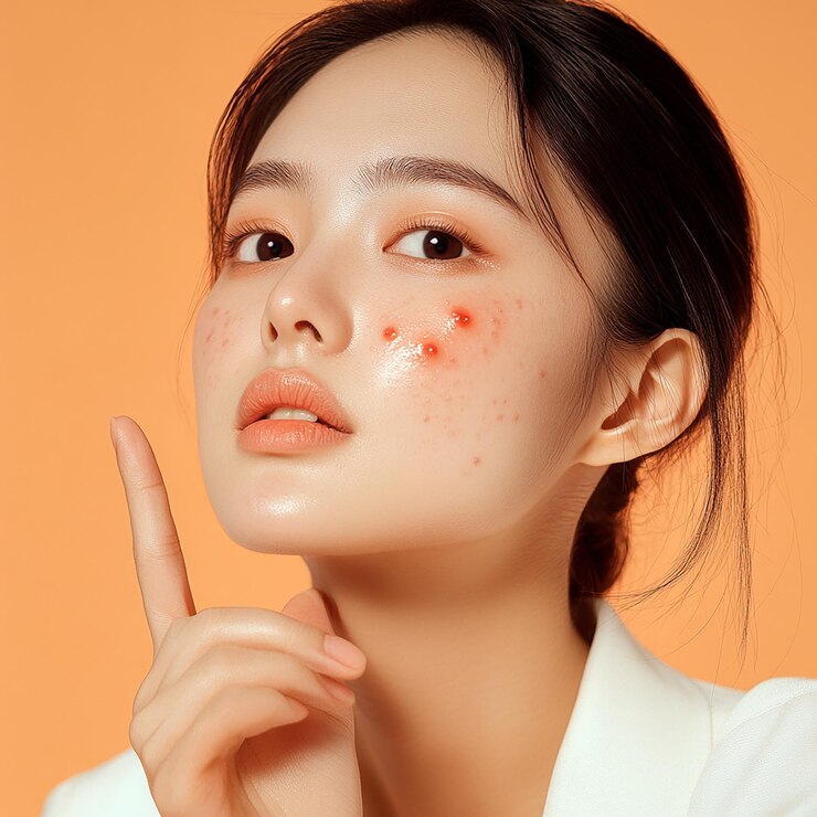 rendered photo of a young woman with acne on her face