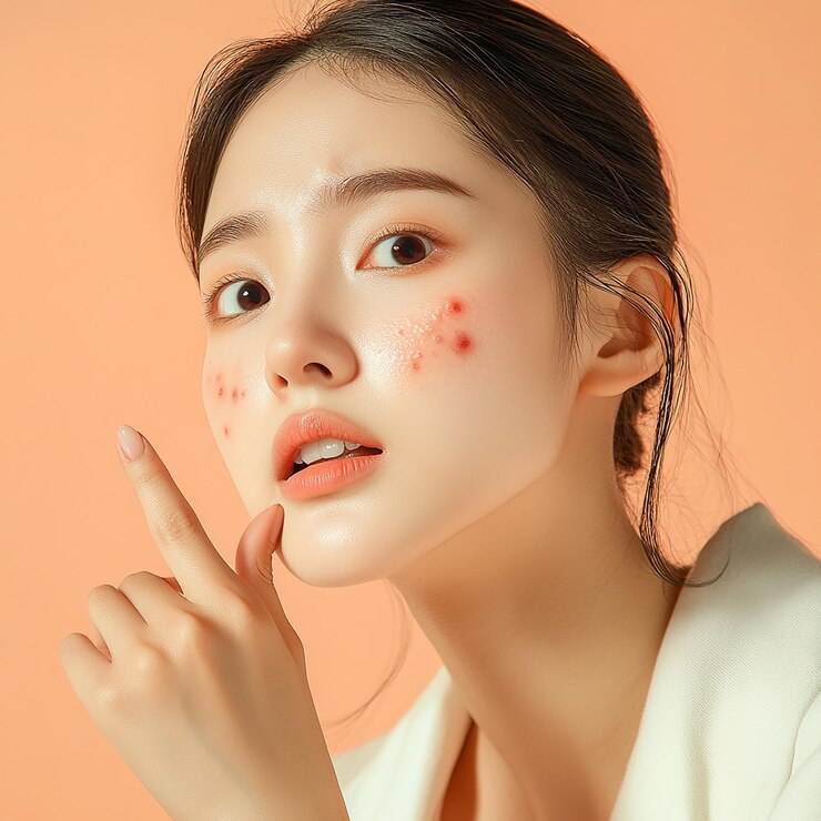 rendered photo of a young woman with acne on her face