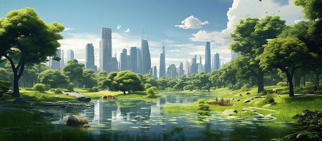 Rendering 3d Green city with lake of the future harmony