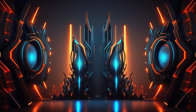 Rendering abstract futuristic background with glowing neon blue and orange lights Generative ai