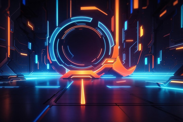 Rendering abstract futuristic background with glowing neon blue and orange lights