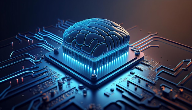 rendering of artificial intelligence hardware idea on the motherboard of a computer there is a flashing brain circuit on a white microchip for massive data processing ai trading generative ai