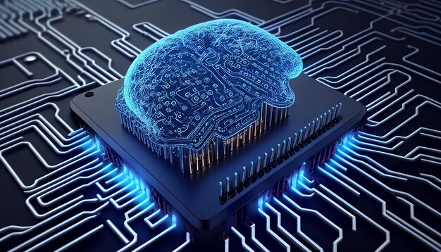 인공 지능 하드웨어 아이디어의 렌더링 컴퓨터 마더보드에는 흰색 마이크로칩에 깜박이는 뇌 회로가 있습니다. 대규모 데이터 처리를 위해 AI 거래 생성 AI
