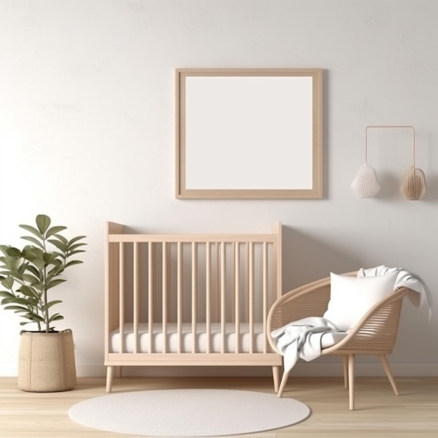 A rendering of a babys room with a crib and a chair generative ai