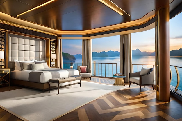 Визуализация спальни с балконом и видом на океан.