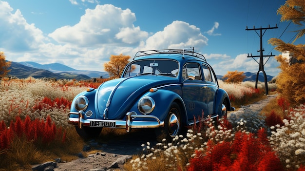 rendering of a blue vintage car