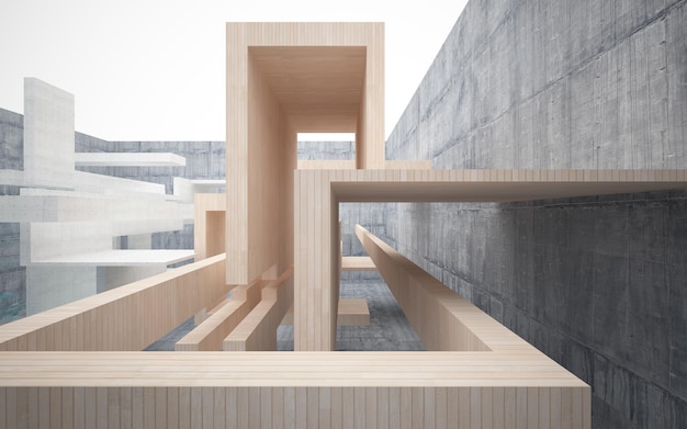 Photo a rendering of a building with a concrete wall and a wooden structure.