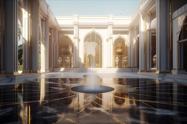 A rendering of a building with a fountain in the middle.