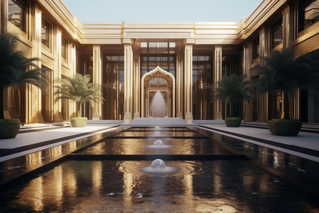 A rendering of a building with a fountain in the middle.