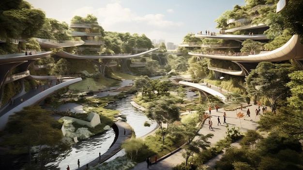 a rendering of a building with a green roof and a river in the middle.