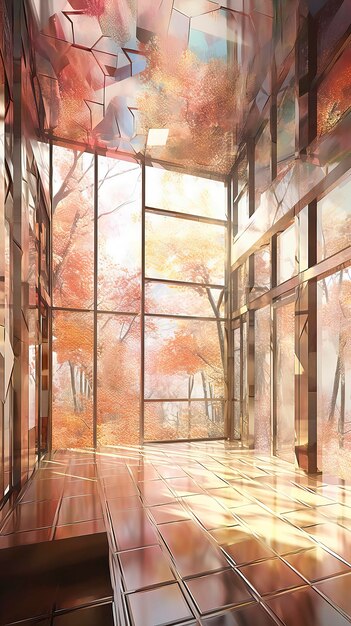 A rendering of a building with a large window that has a view of the forest.