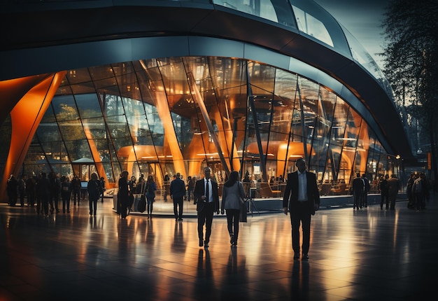 a rendering of a building with people walking around it.