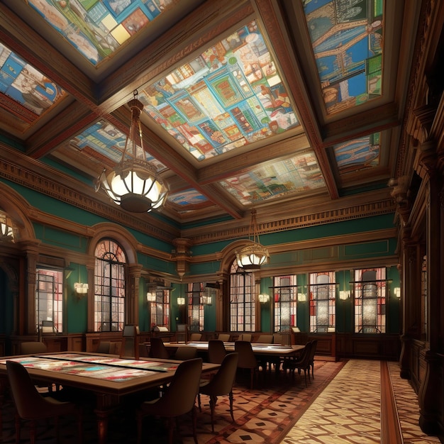 A rendering of a casino with a painting on the ceiling