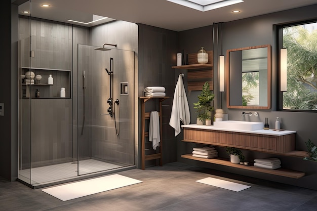 Foto un rendering di un bagno contemporaneo mostra una zona doccia e una zona asciutta separata completa di specchio lavabo e vari accessori da bagno