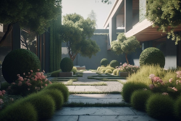 A rendering of a courtyard with a garden in the middle.
