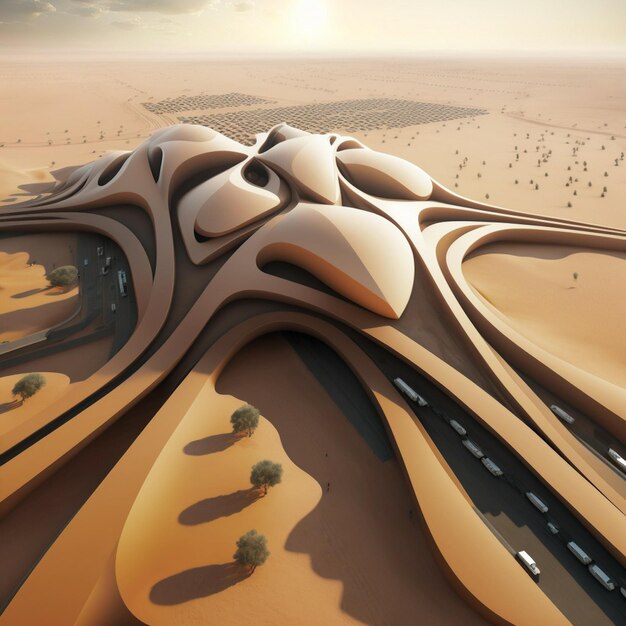 A rendering of the desert with a building in the middle.