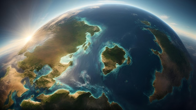 A rendering of the earth with its continents and oceans clearly visible illuminated by the sun