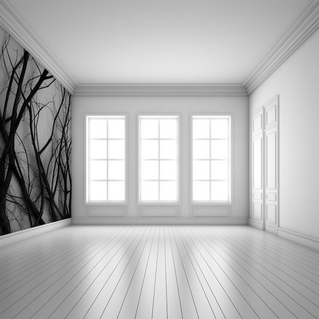 Photo a rendering of a empty room with a large window and a wall mural generative ai