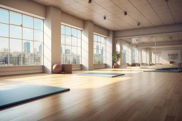 Photo rendering of an empty yoga room sunny day