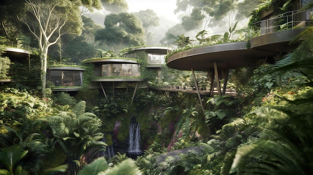 A rendering of the forest hotel in the jungle.