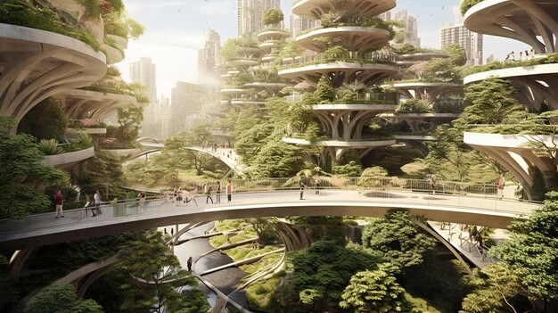 a rendering of a futuristic city park.