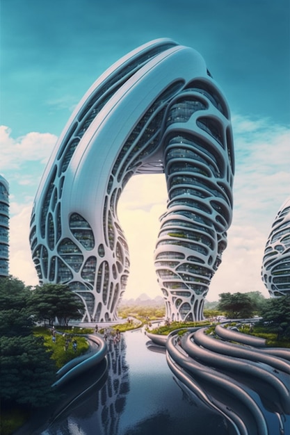 A rendering of a futuristic city with a blue sky and trees.