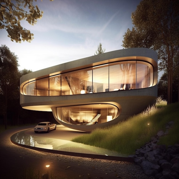 Photo a rendering of a futuristic house with a glass wall and a car parked in front generative ai