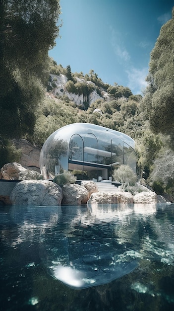 A rendering of a glass house with a mountain in the background.