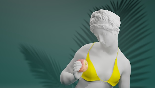 rendering goddess venus in a bikini eating an apple