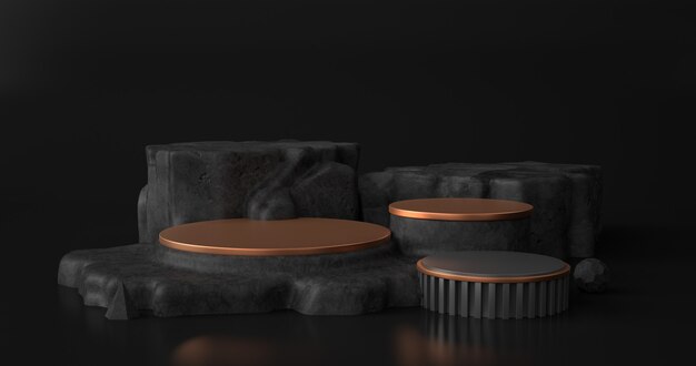 Rendering of golden podiums and rocks