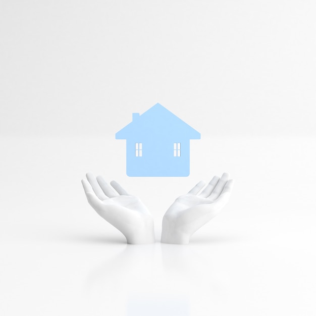 rendering of hands and floating house.