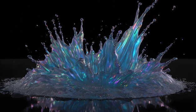 Rendering of holographic water splash with black background