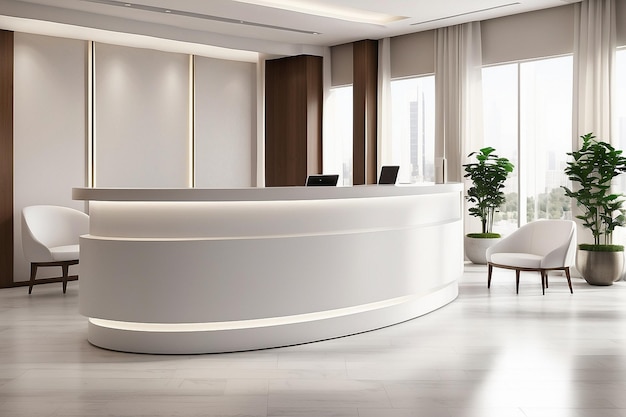 A rendering of a hotel lobby with a white reception desk and chairs ar c v