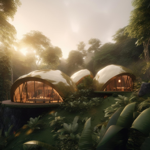 A rendering of a house in the jungle.