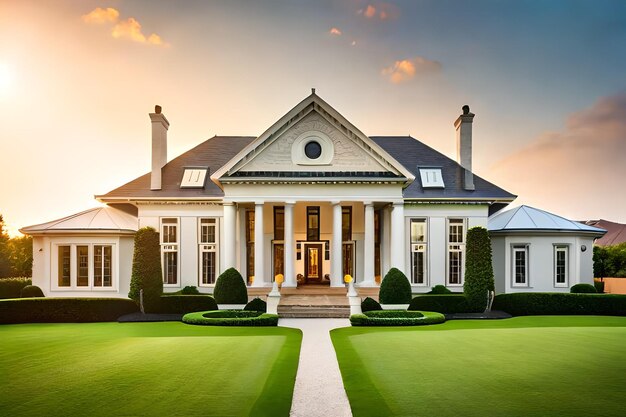 A rendering of a house with a lawn and a sky background