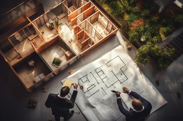 a rendering of a house with a man and a woman looking at a map of the plan