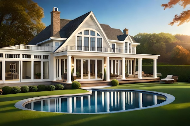 A rendering of a house with a pool and a pool.