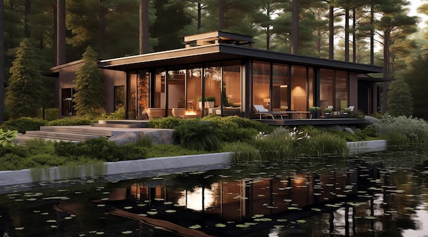 A rendering of a house in the woods.