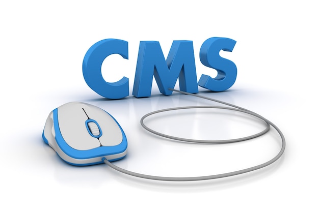 Photo rendering illustration of cms word with computer mouse