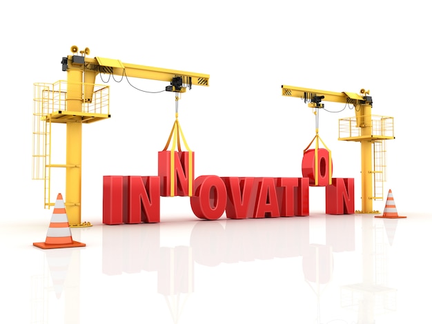 Photo rendering illustration of cranes building the innovation word